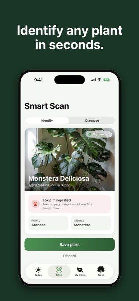 Smart Scan identifying a Monstera Deliciosa with a high-match badge, pet-toxicity warning and taxonomy.