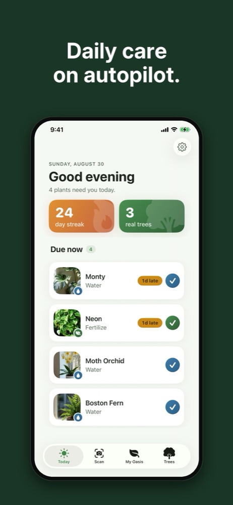The Today tab with a care streak, real-tree count and a due-now checklist.
