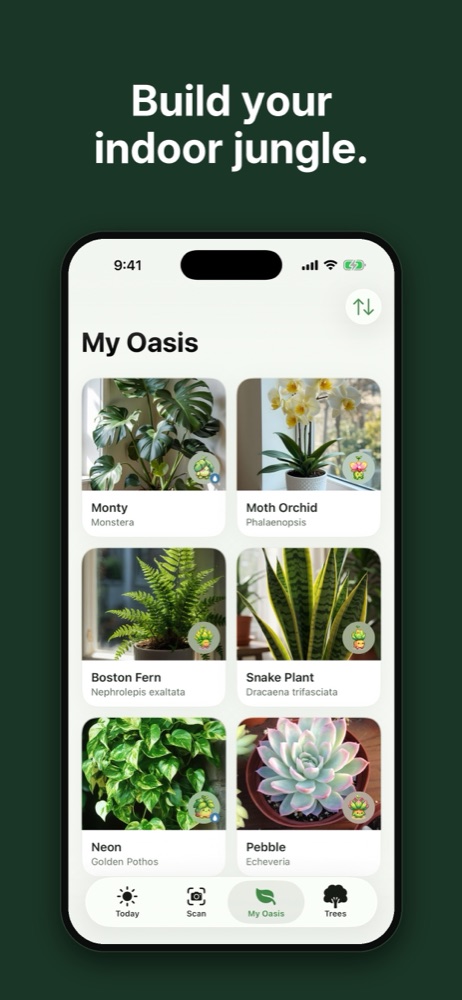 My Oasis, a grid of saved plants each with its own collectible Plant Buddy.